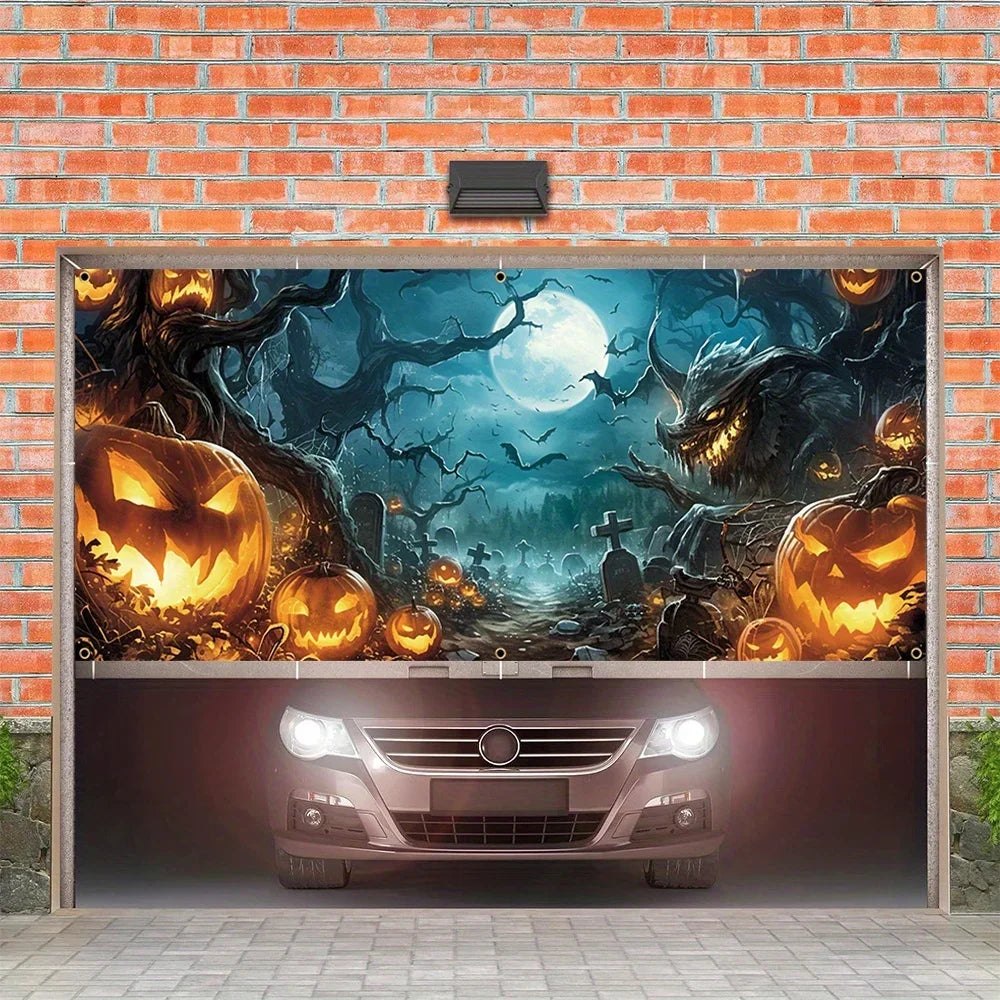 Halloween Garage Door Banner - Pumpkin Lantern Scene