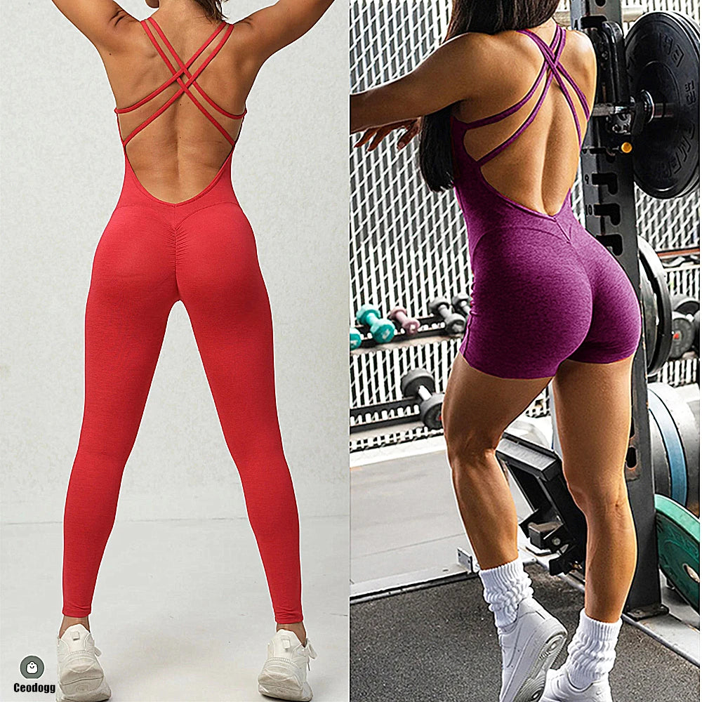 Lycra Fitness Set: Scrunch Leggings & Yoga Jumpsuit for Women - Tekriv